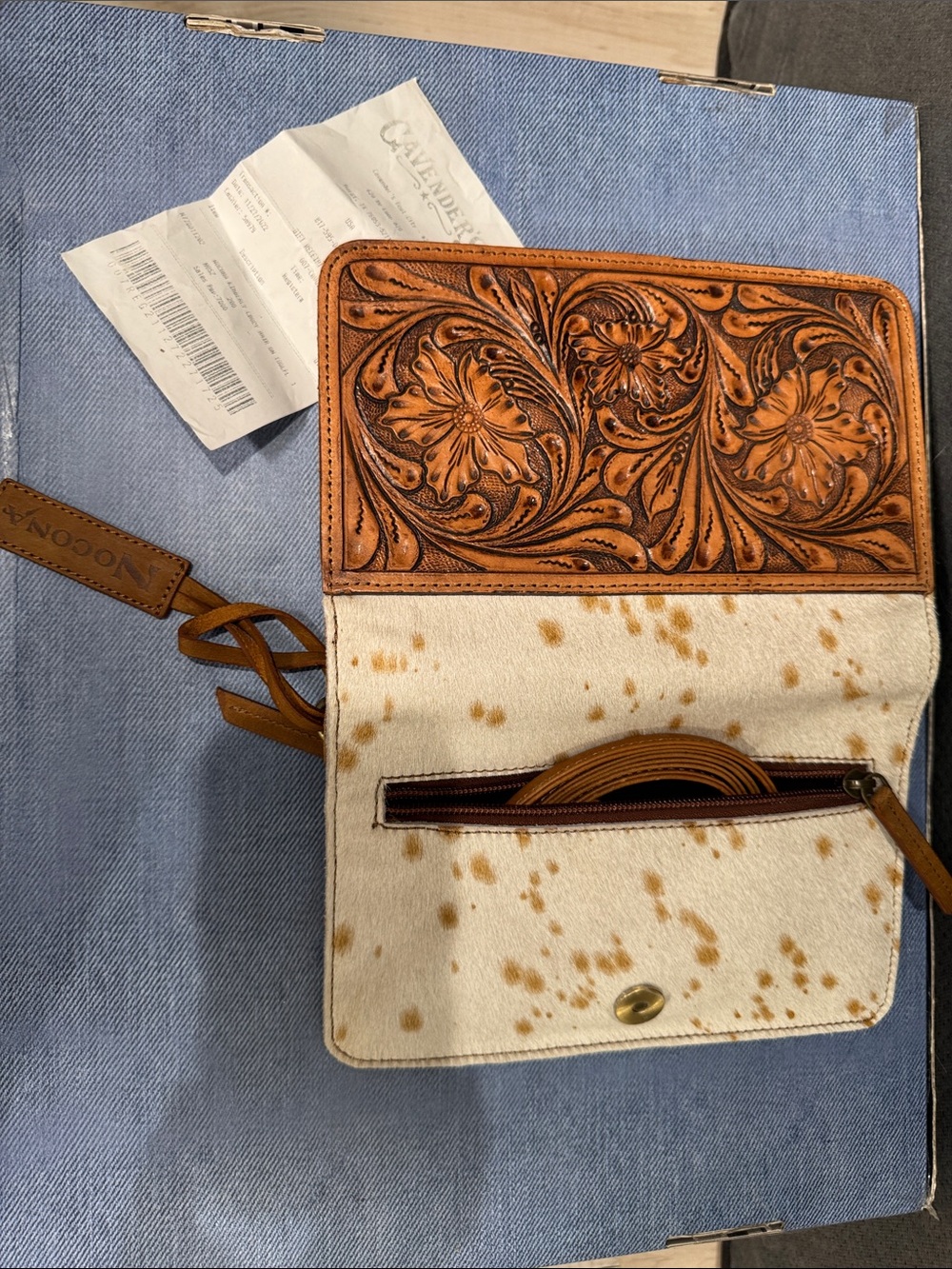 Nocona Tooled Leather Crossbody in Tan with Cream Hair-On Accent - Picture 5 of 5